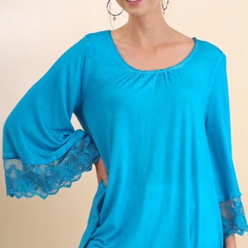 Garment Dyed Top with Lace Trimmed Angel Sleeves
